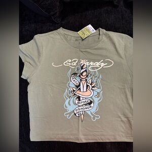 Ed Hardy Olive Graphic Tee with Blue Flame Dagger